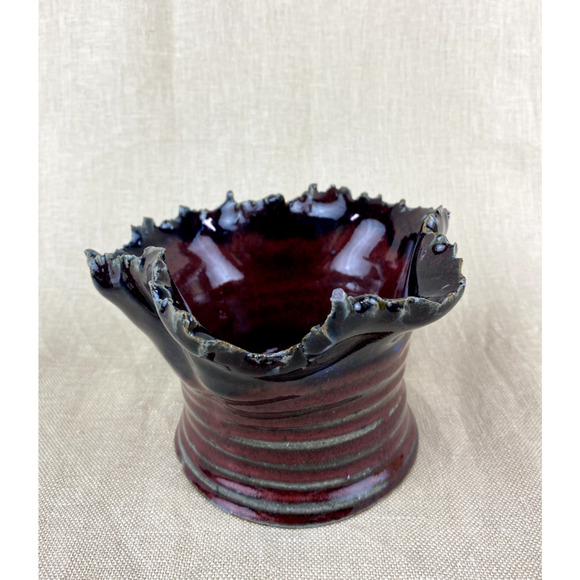 Jagged Ruffed Organic Edge Glazed Ceramic Art Pottery Vase Bowl - Picture 1 of 11